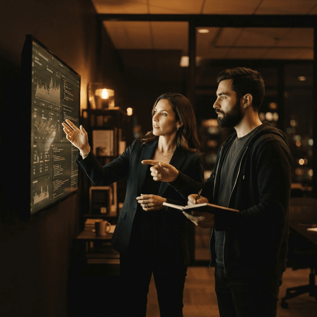 A forward-deployed engineer and a business leader reviewing work together